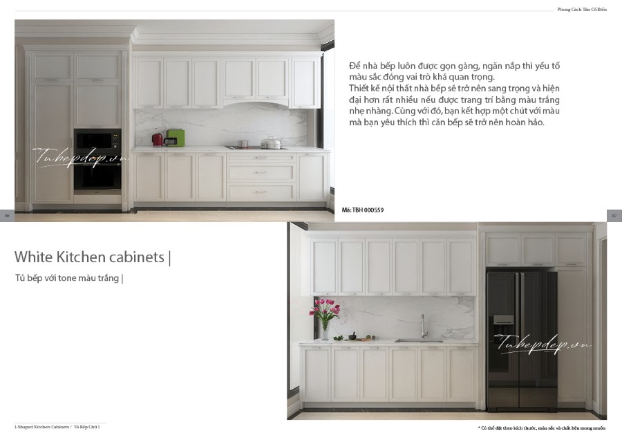 Thiết kế phòng bếp biệt thự tân cổ điển màu trắng